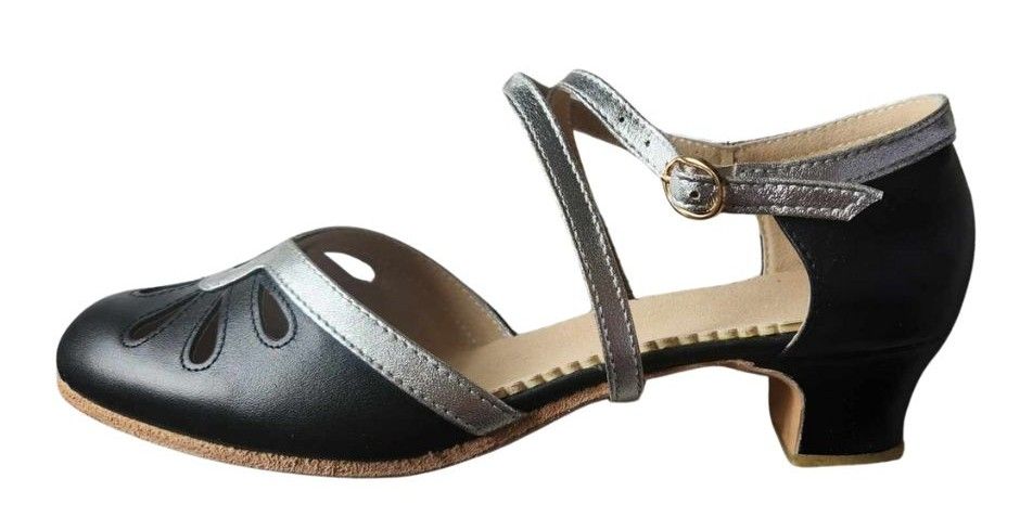 M-0252 - (Moss) Black with Silver Trim, Leather Sole, 4cm Heel. Heel and Colour options available.
