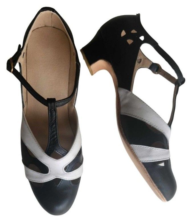 M-0520 - (Moss) Black / White Cross Piece. Leather Sole, 4cm Heel. Heel and Colour options available.