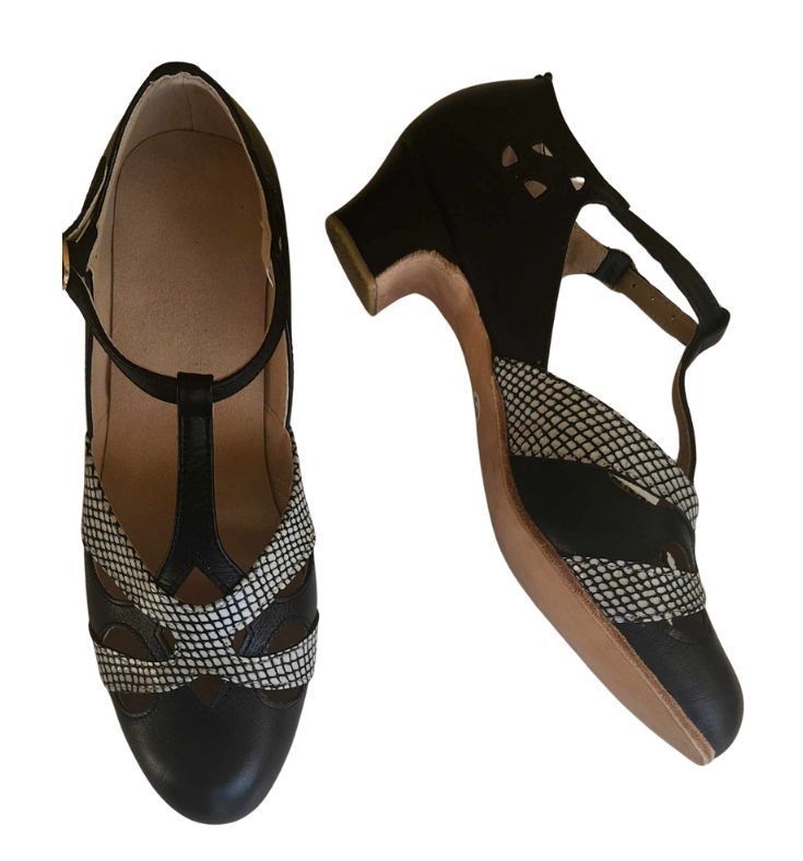 M-0520 - (Moss) Black / White Check Cross Piece. Leather Sole, 4cm Heel. Heel and Colour options available.