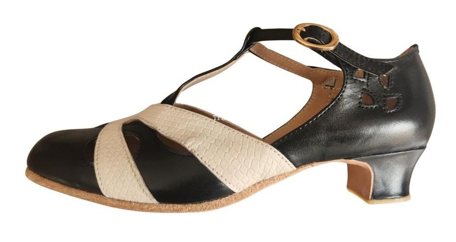 M-0520 - (Clearance) (Moss) Black / Beige Snake Cross Piece.  Leather Sole, 4cm Heel.  Heel and Colour options available.