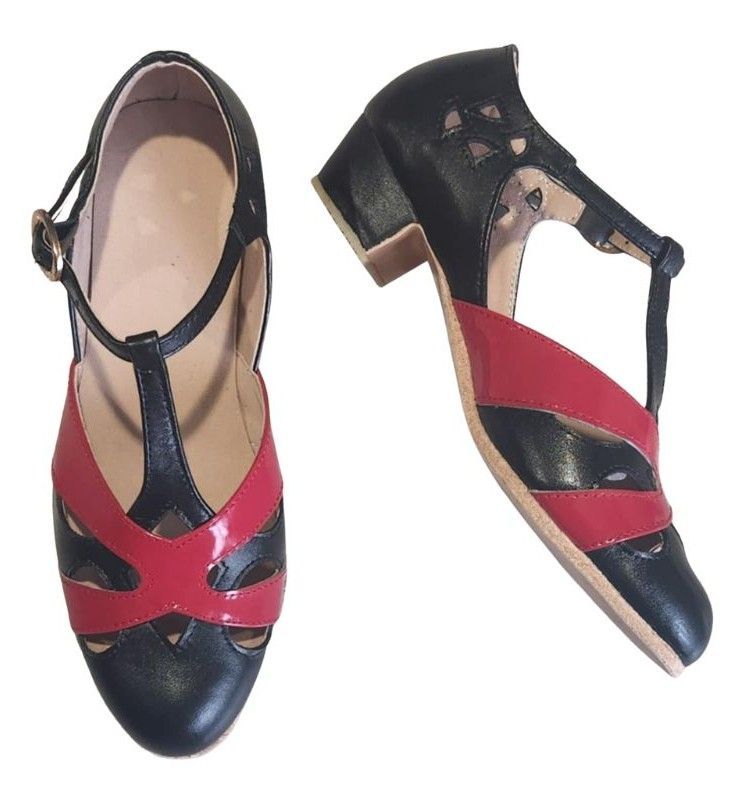 M-0520 - (Clearance) (Moss) Black / Red Patent Cross Piece. Leather Sole, 3cm Heel. Heel and Colour options available.
