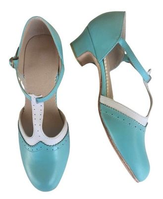 M-0301 - (Moss) Aqua / White, (Clearance) Leather Sole, 4cm heel.