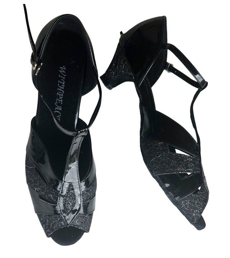 JF-2702#58+43 - (Clearance) Black Patent with Black/Silver Glitter Lace