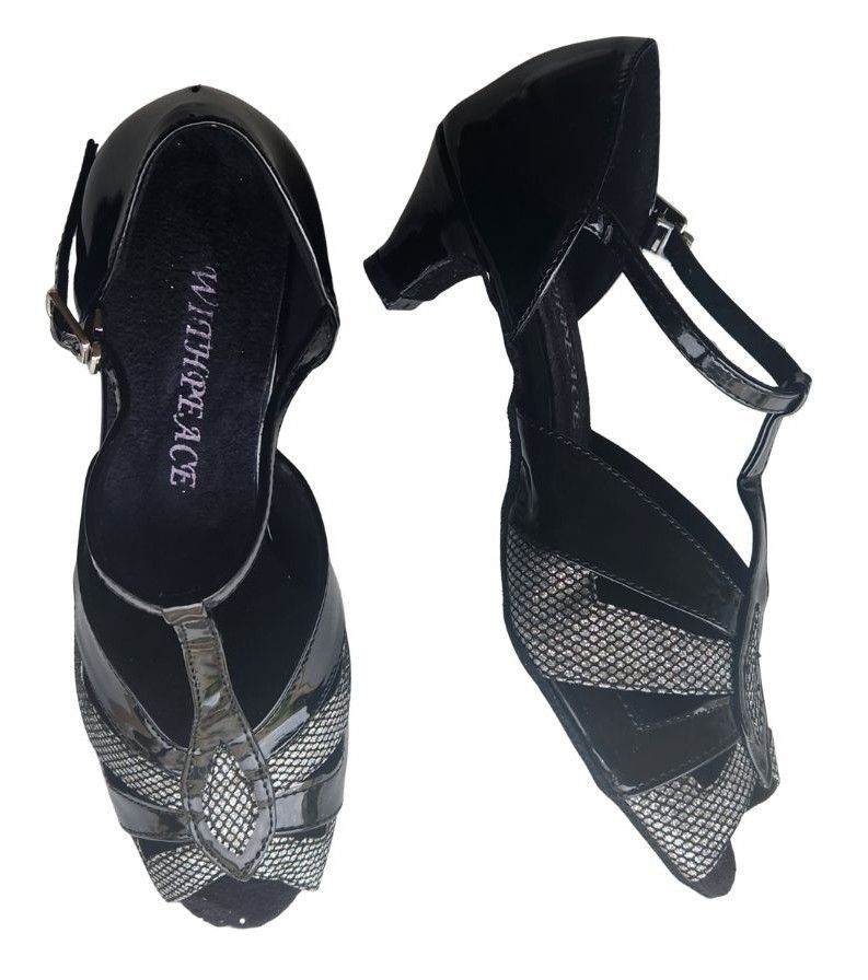 JF-2702#58+20 - (Clearance) Black Patent with Black/Silver Dot Glitter