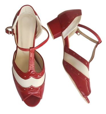 DZ-C03401RPW - Ladies Red Patent/White Matte Leather. Leather Sole, Rubber Heel.