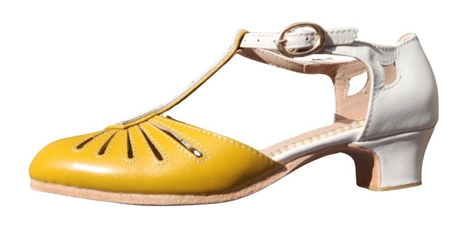 M-0523 - (Clearance) White-Mustard Leather, Leather Sole, 4cm heel. Heel and Colour options available.