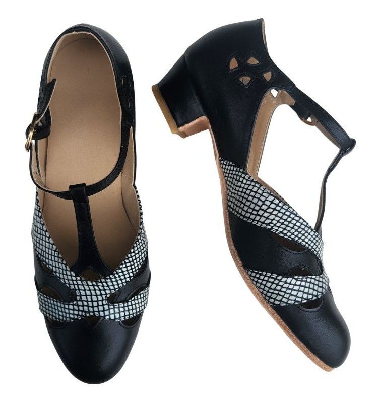M-0520 - (Clearance) (Moss) Black / White Check Cross Piece. Leather Sole, 3cm Heel. Heel and Colour options available.