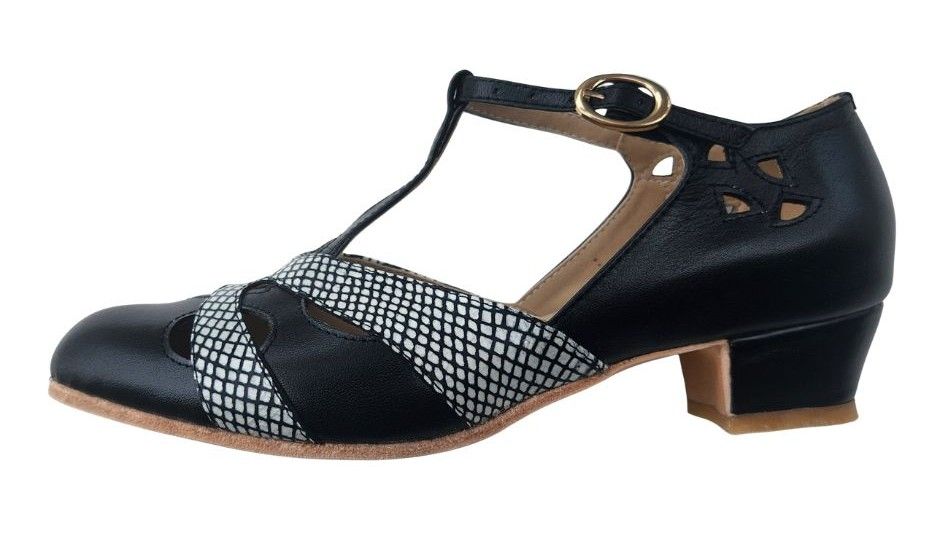 M-0520 - (Clearance) (Moss) Black / White Check Cross Piece. Leather Sole, 3cm Heel. Heel and Colour options available.