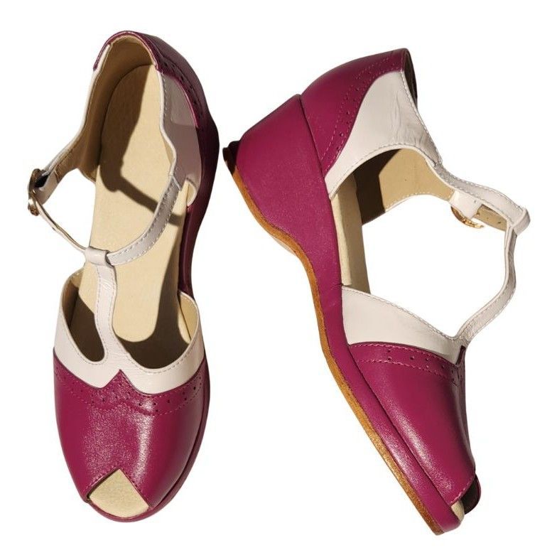 Wedge - Dark Pink / White Leather, Leather Sole, 5cm heel. Heel and Colour options available.