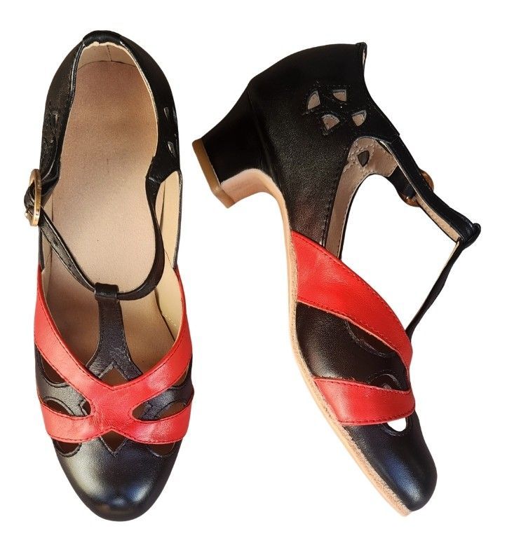 M-0520 - (Clearance) (Moss) Black / Red Matte Cross Piece. Leather Sole, 4cm Heel. Heel and Colour options available. M-0520 - (Clearance) (Moss) Black / Red Matte Cross Piece. Leather Sole, 4cm Heel. Heel and Colour options available.