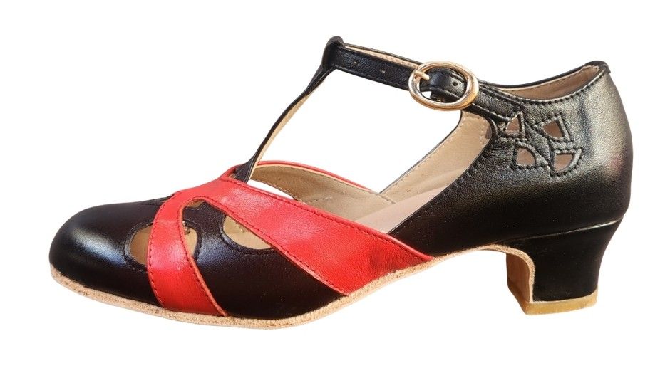 M-0520 - (Clearance) (Moss) Black / Red Matte Cross Piece. Leather Sole, 4cm Heel. Heel and Colour options available.