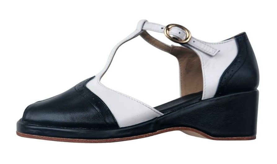 M-0906 - Black / White Leather, Leather Sole, 5cm wedge heel. Heel and Colour options available.