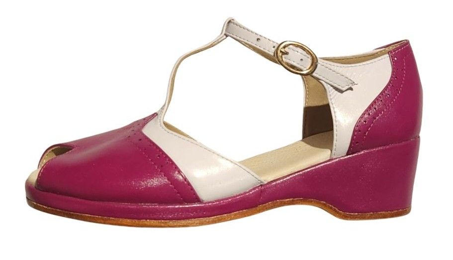 M-0906 - Dark Pink / White Leather, Leather Sole, 5cm wedge heel. Heel and Colour options available.