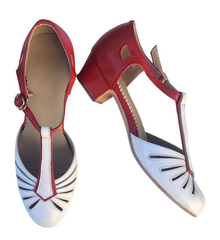 M-0523 - Red / White Leather, Leather Sole, 3cm heel. Heel and Colour options available.