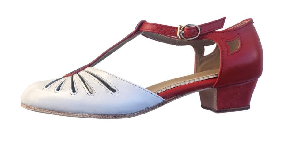 M-0523 - Red / White Leather, Leather Sole, 3cm heel. Heel and Colour options available.