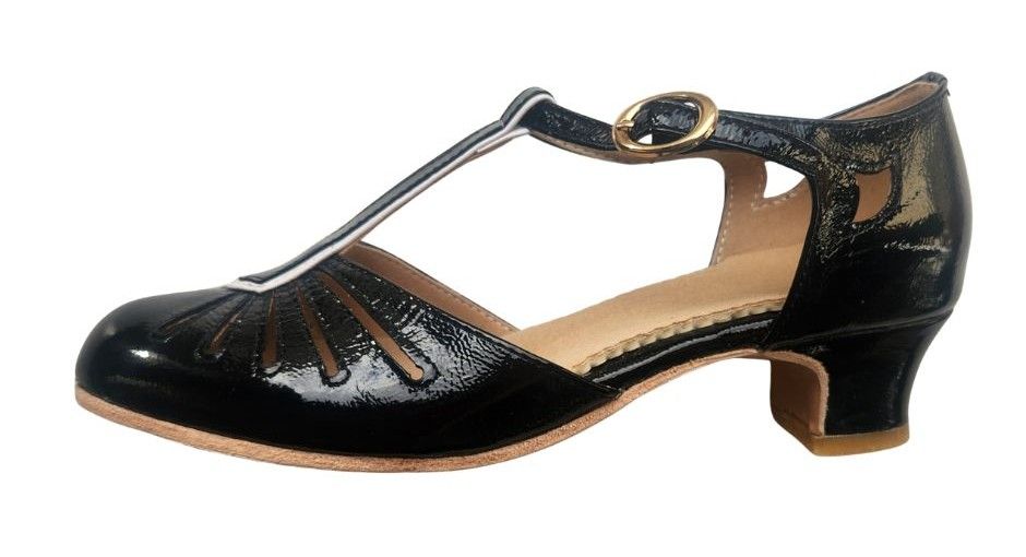 M-0523 - Black  Patent/ White Matte Leather, Leather Sole, 4cm heel. Heel and Colour options available.