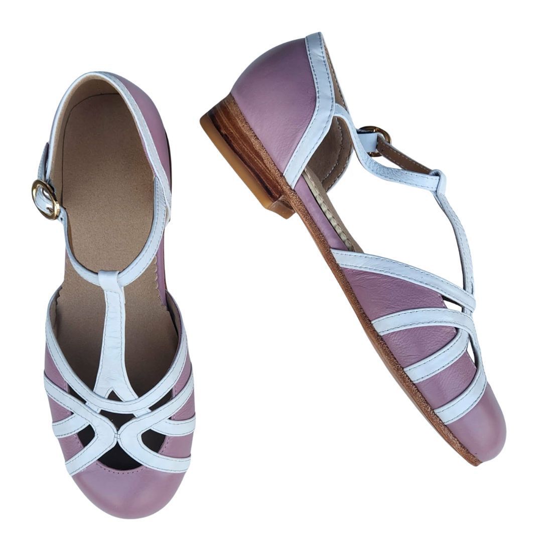M-1862 - (Moss) Pink / White Trim, Leather Sole, 2cm Heel. Heel and Colour options available.