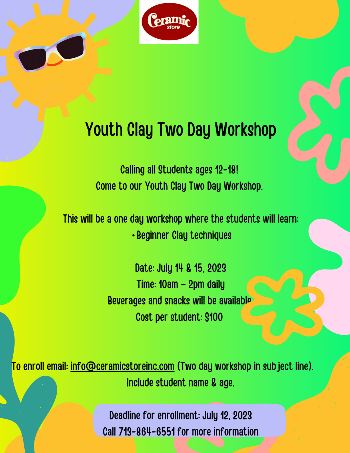 Youth 2 day Clay Workshop July 14th & 15th