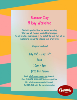Summer Clay Workshop
July 15-19, 2024