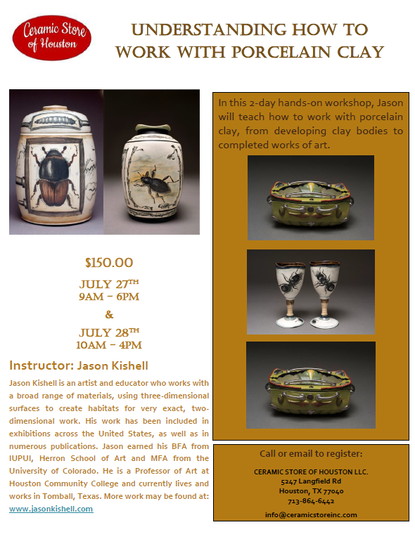 Porcelain Clay Workshop                                                           
July 27, 2024 9am-6pm                                                                     
July 28, 2024 10am-4pm
