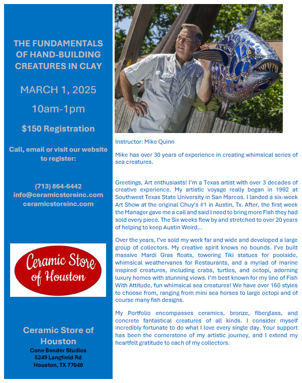 Hand-Building Clay Creatures   March 1, 2025   10am-1pm