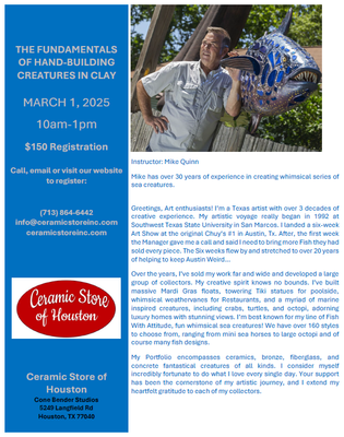 Hand-Building Clay Creatures   March 1, 2025   10am-1pm