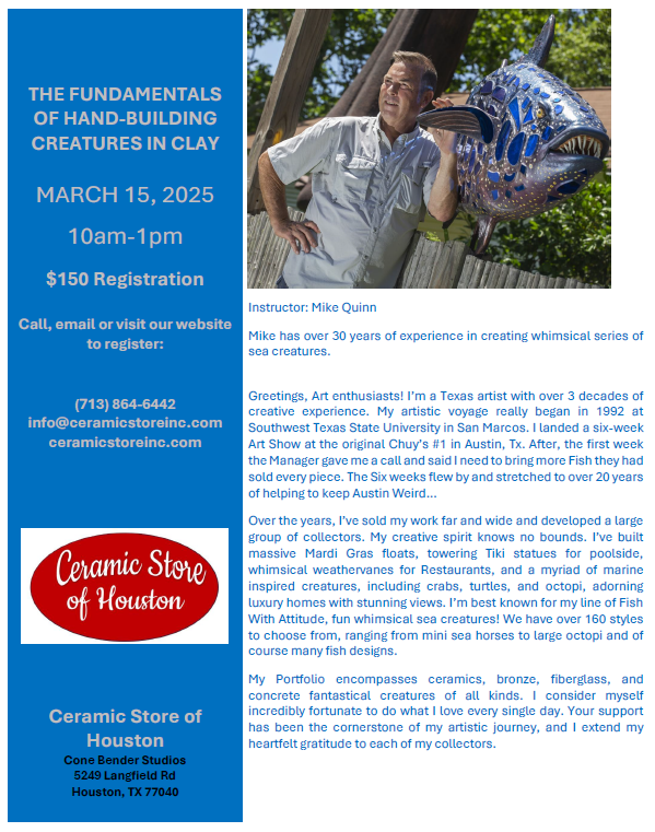 Hand-Building Clay Creatures    March 15, 2025   10am-1pm