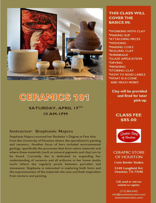 Ceramics 101 Saturday, April 19th 10am-1pm