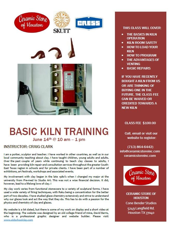 Kiln Training by Craig Clark June 14th  10am - 1pm