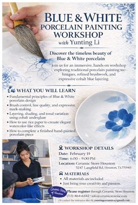 Yunting Presents: Blue &amp; White Porcelain Painting Workshop 2/19/2026 6pm-9pm