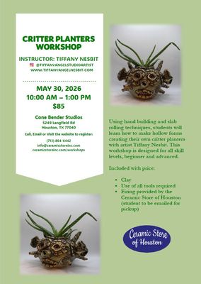 Critters Planters Workshop Saturday, May 30, 2026 10-1
