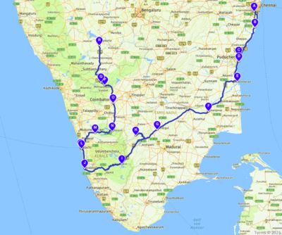 3 Weeks Package, Chennei to Mysuru, &quot;Spices &amp; Curves&quot; 21 days, 19 nights, 18 days riding, 1.800km. Curves, spice farming, wildlife &amp; National Park. See 60+ pages PDF-Document and pictures.