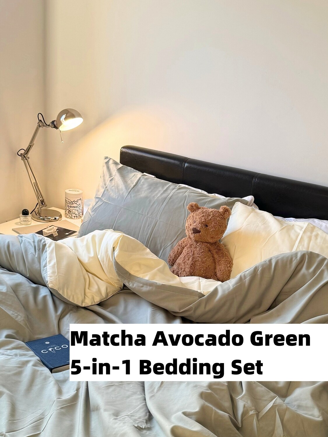 水洗磨毛5合一床品礼包抹茶牛油果绿色(被子、枕头、床笠、套件、床垫保护套)