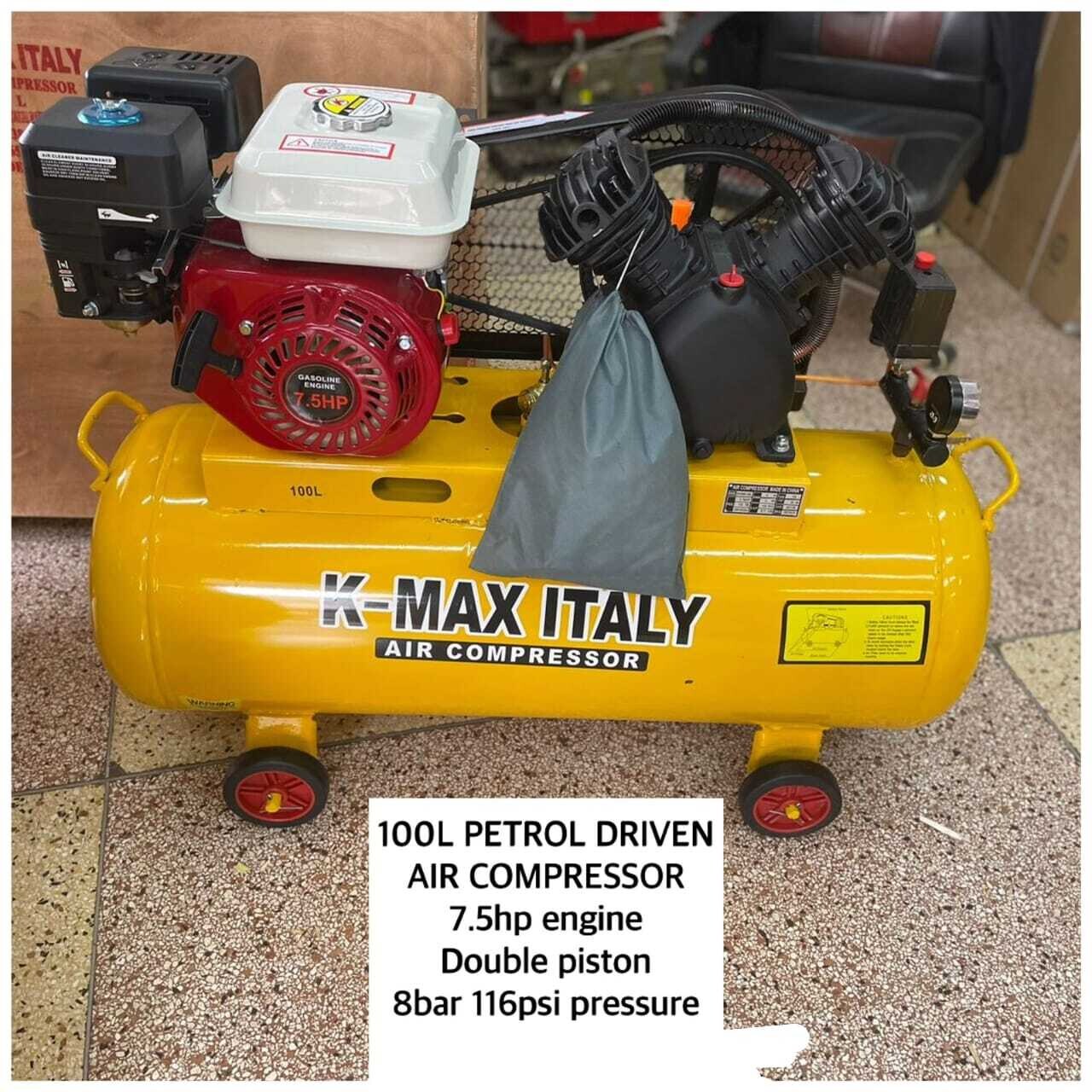 KMax Italy 100Ltrs 8 Bar 2Piston 7.5hp Petrol Air Compressor