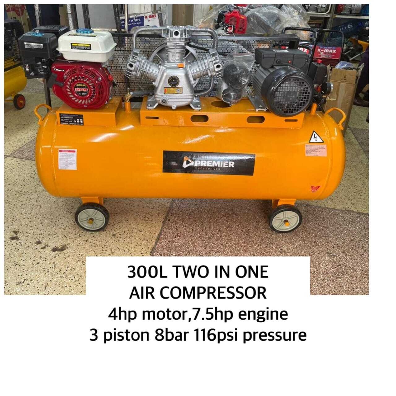 300Ltrs 4hp Motor 7.5hp Engine 3 Piston 8 Bar Petrol and Electric Air Compressor