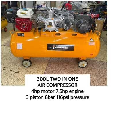 300Ltrs 4hp Motor 7.5hp Engine 3 Piston 8 Bar Petrol and Electric Air Compressor