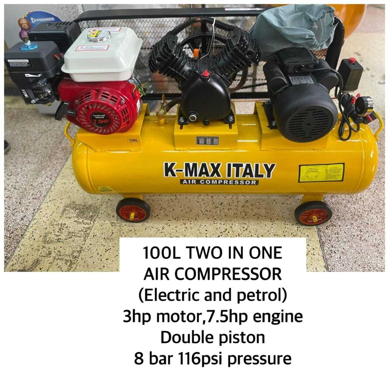 KMax Italy 100Ltrs 2 in 1 8 Bar 3Piston 7.5hp Engine Petrol &amp; Electric Air Compressor