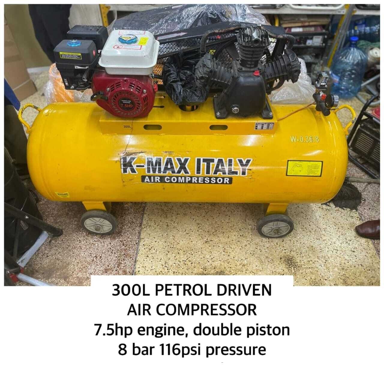 KMax Italy 300Ltrs 8 Bar 3Piston 7.5hp Engine Petrol Driven Air Compressor.
