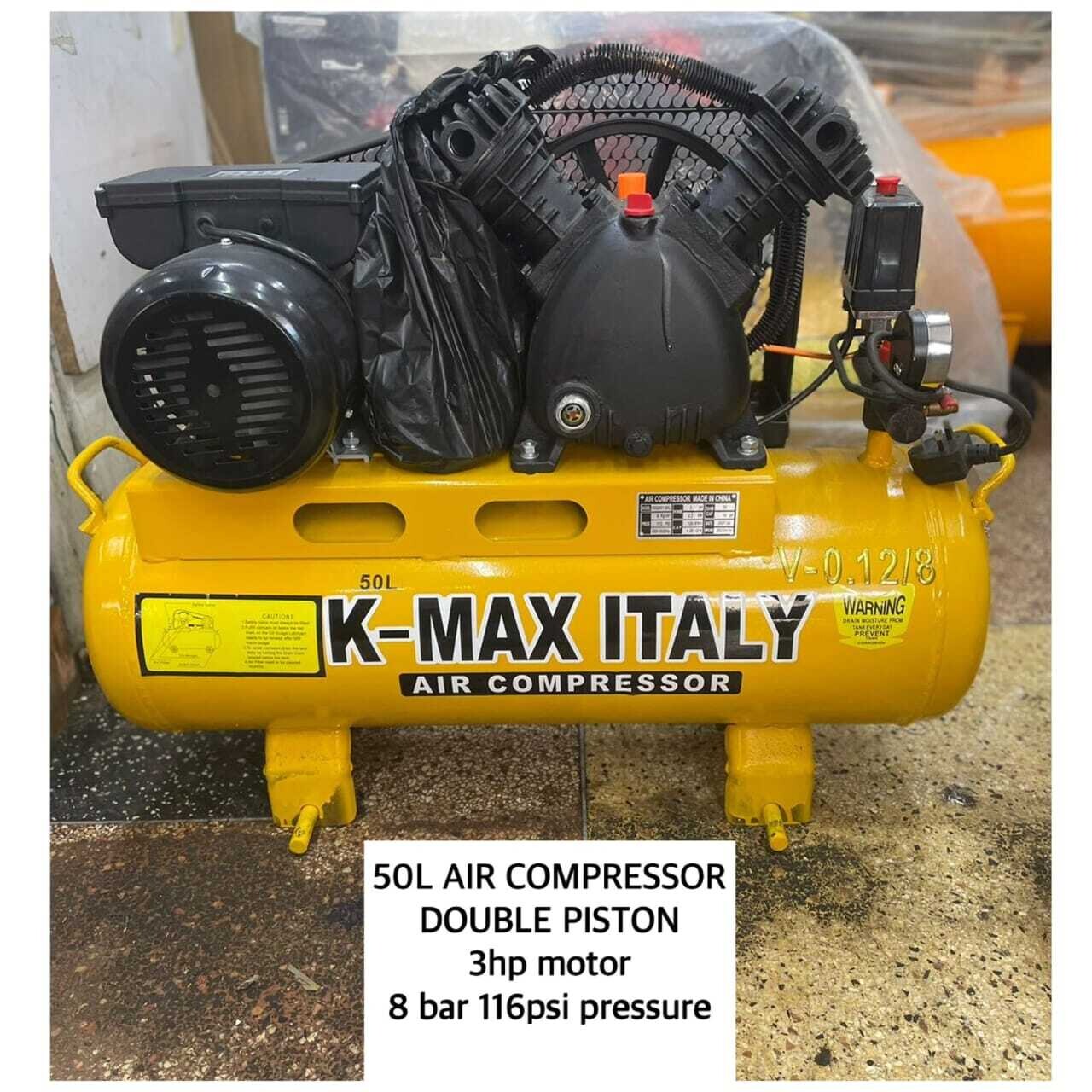 Kmax Italy 50 Litres 8 Bar Double Piston 3hp Motor Electric Air Compressor.