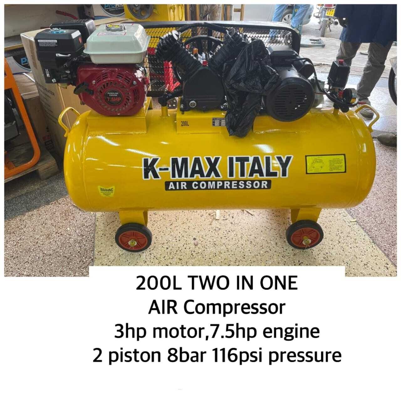 KMax Italy 200Ltrs 2 in 1 8 Bar 3hp Motor  7.5hp Engine Petrol &amp; Electric Air Compressor