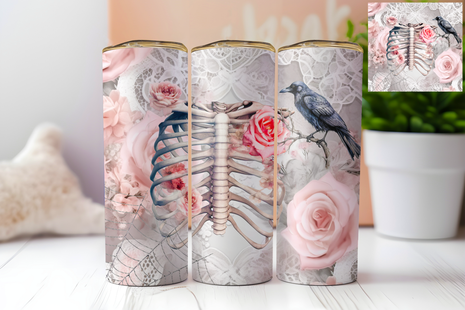 Skeleton, crow and rose tumbler