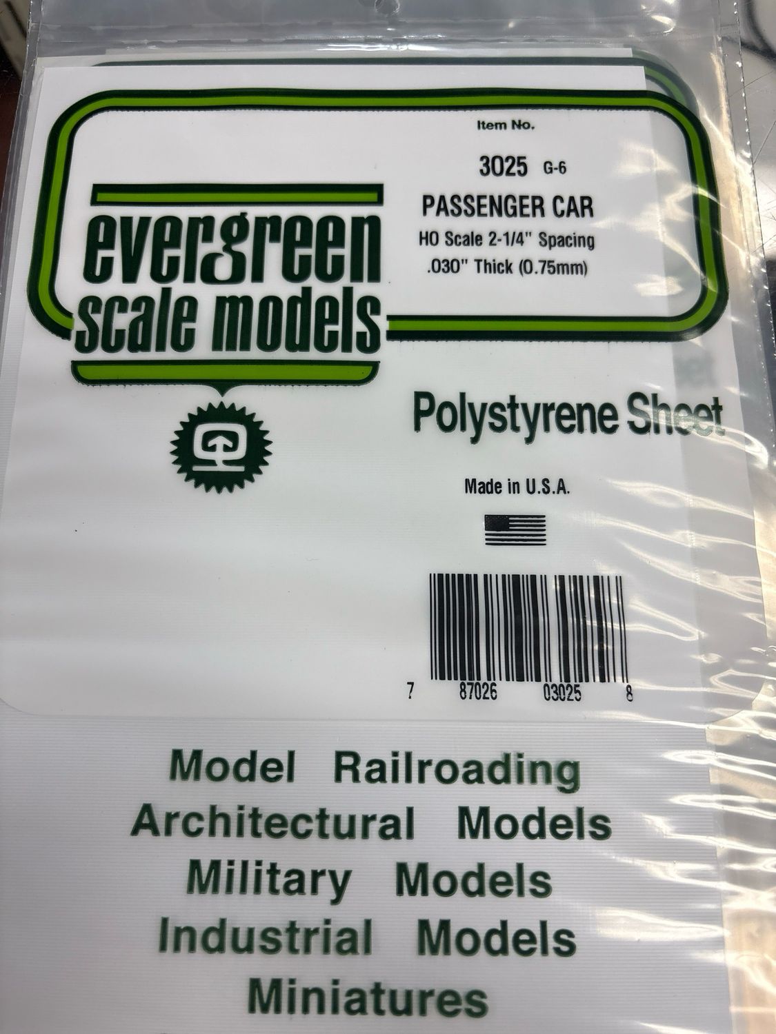 Evergreen Polystyrene Sheet (Passenger Car) #3025