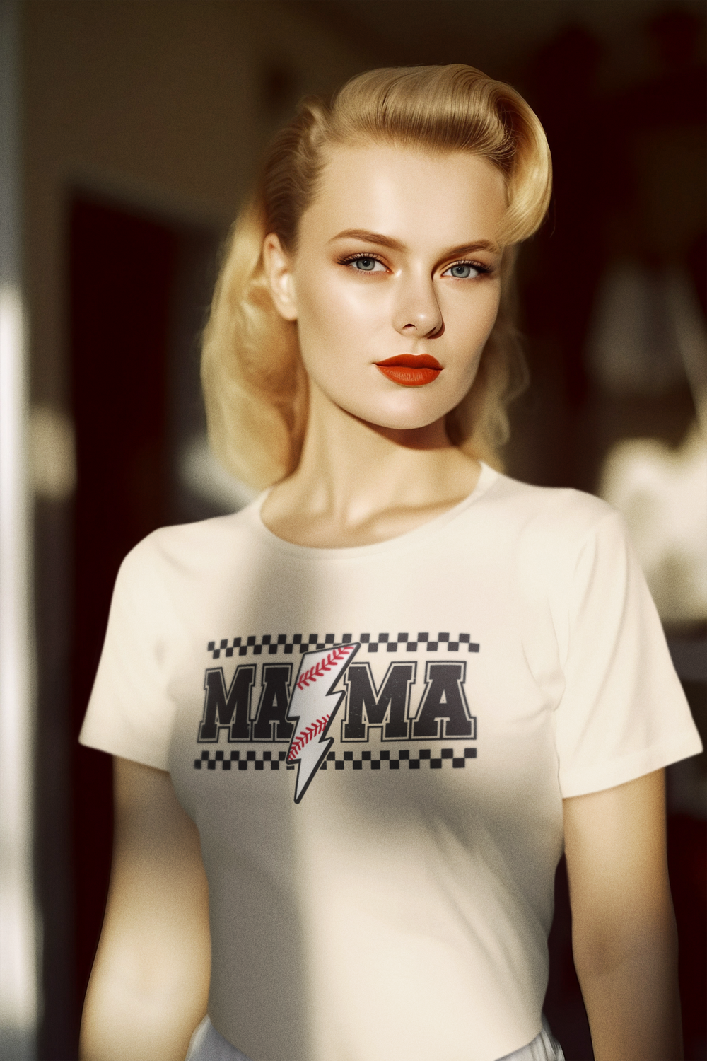 Checkered Baseball Mama Lightning T-Shirt