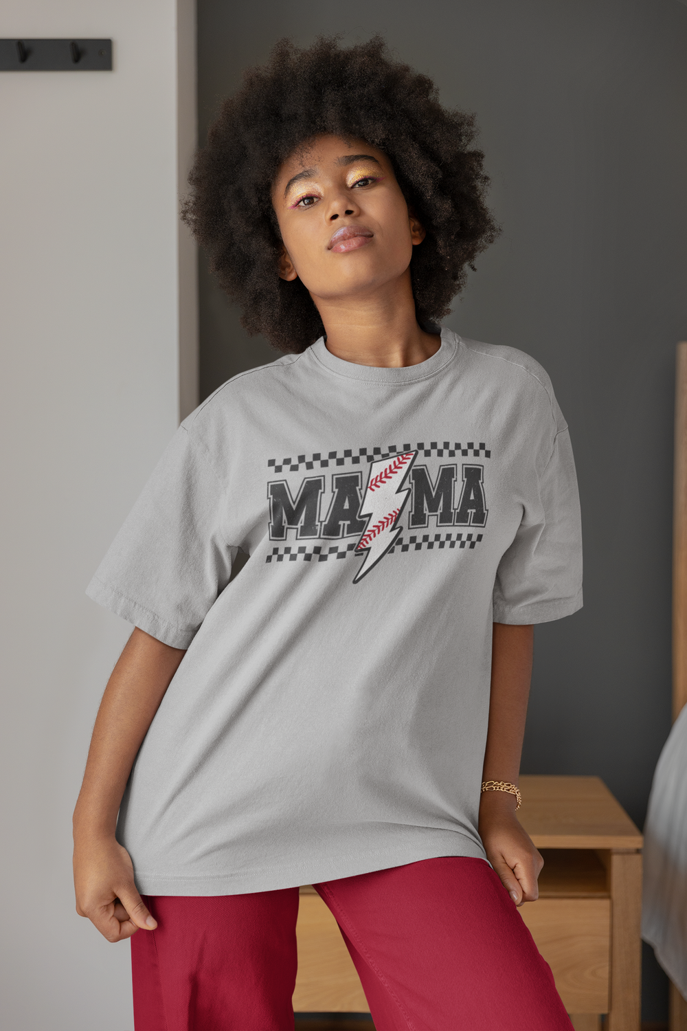 Checkered Baseball Mama Lightning T-Shirt