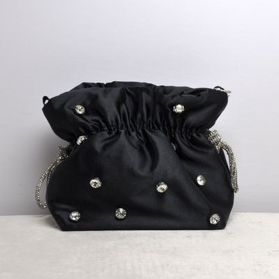 HF0181CBLK SATIN W/CRY &amp; PRL BUCKT PURS