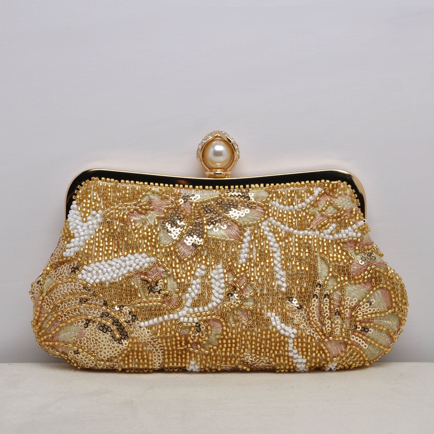 HF0721CGD GOLD BEAD STYLE FLWR DESIGN W' PRL TOP PURS