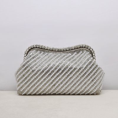 HF6026CS PEARL/SIL RHINESTONE &amp; PEARL STRIPPED CLUTCH PURSE