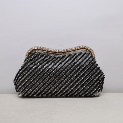 HF6026CBK BLK/G BLK PEARL &amp; RHINESTONE STRIPPED CLUTCH PURSE