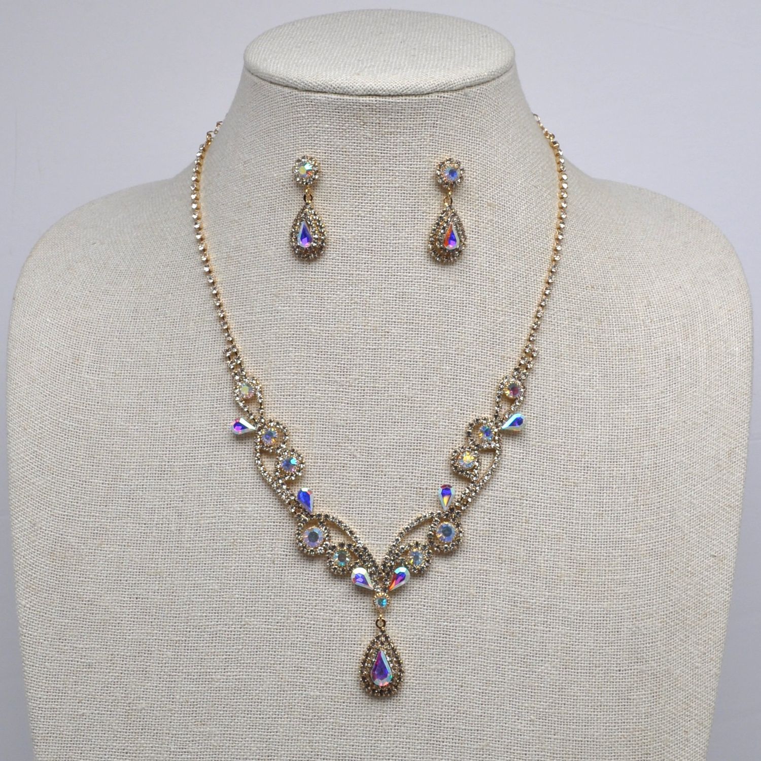 J48613S3G AB/GLD  Y DROP SWIRL FLWR NECK SET