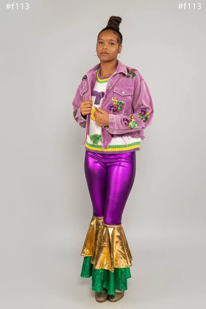 Vintage Violet Washed Corduroy Jacket with Sequin Fleur De Lis  Patches - Small (Each)